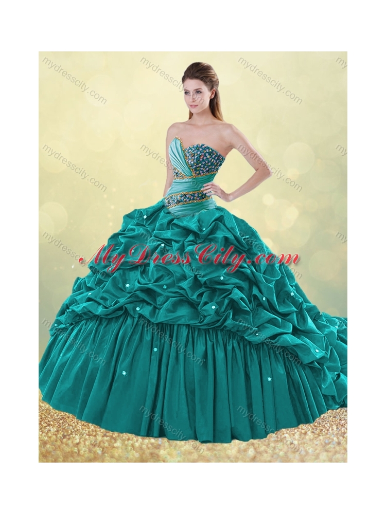 Luxurious Brush Train Taffeta Bubble Quinceanera Dress in Turquoise