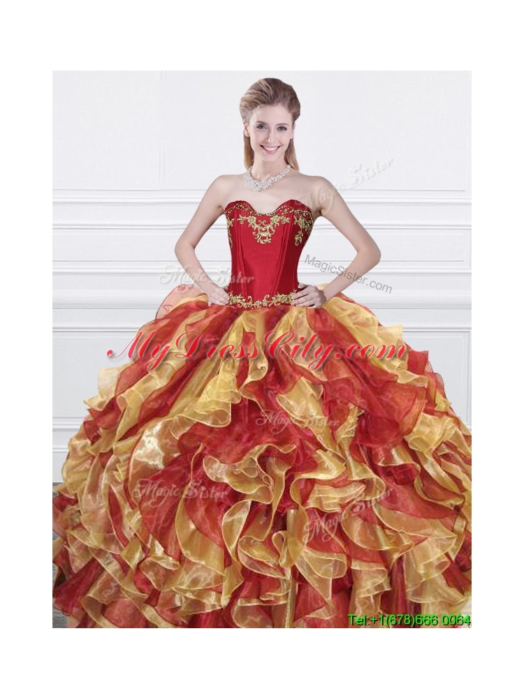 Romantic Applique and Ruffled Organza Quinceanera Dress in Red and Yellow