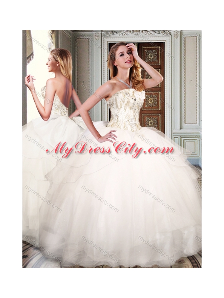 Simple Strapless White Quinceanera Dresses with Appliques and Beading