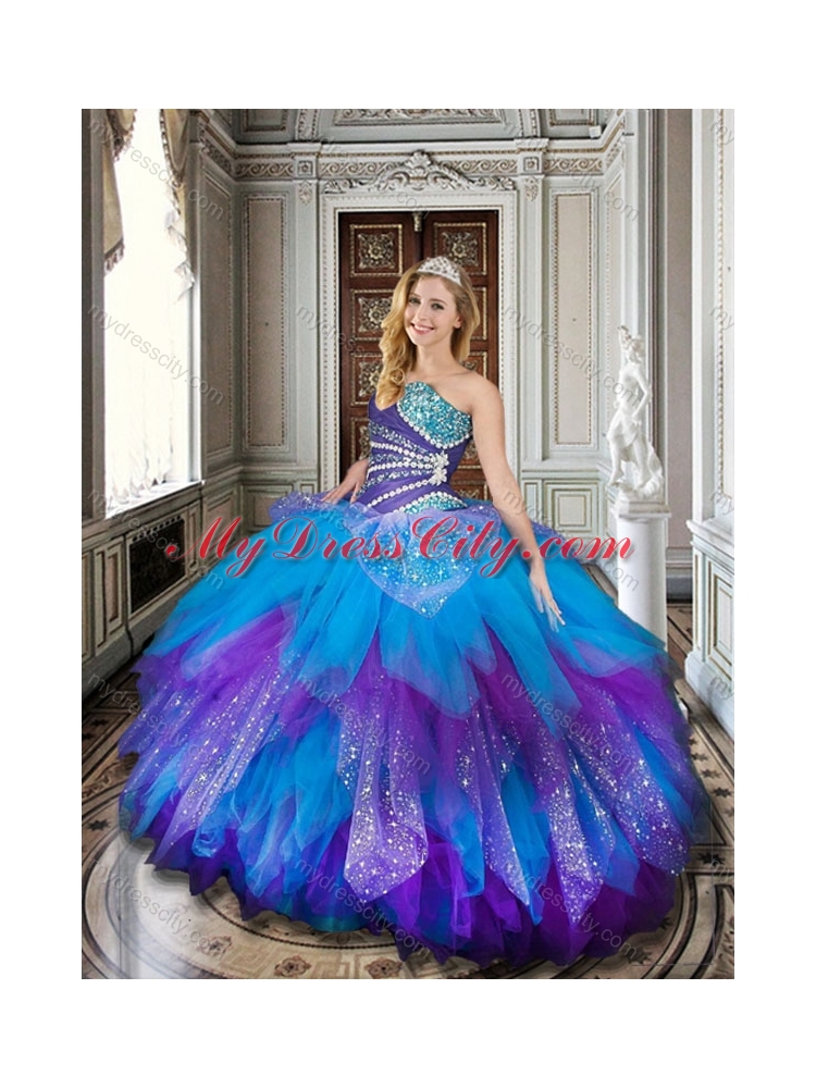 Unique Baby Blue and Purple Sweet 16 Dress with Beading and Ruffles