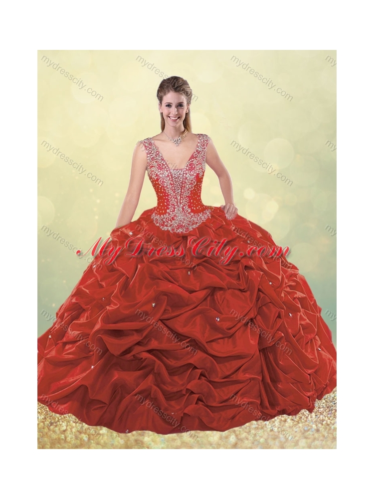 Unique Beaded Bodice Straps Taffeta Quinceanera Dress with Bubbles