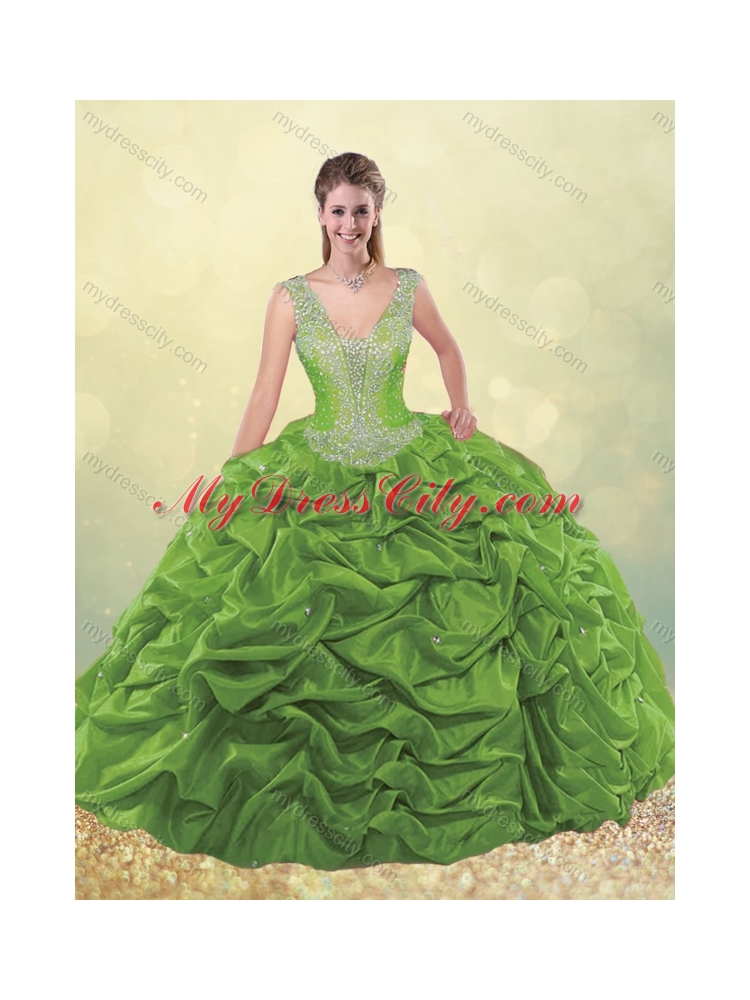 Unique Beaded Bodice Straps Taffeta Quinceanera Dress with Bubbles