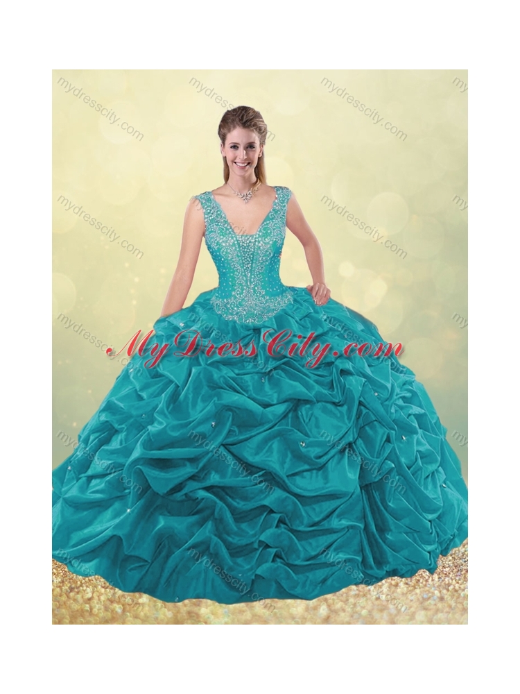 Unique Beaded Bodice Straps Taffeta Quinceanera Dress with Bubbles