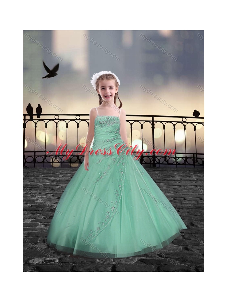 Cheap Spaghetti Straps Apple Green Flower Girl Dresses with Beading