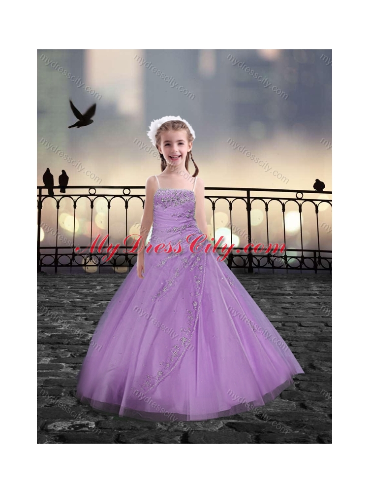 Spaghetti Straps Beaded Lilac Little Girls Pageant Dresses in Tulle for 2016