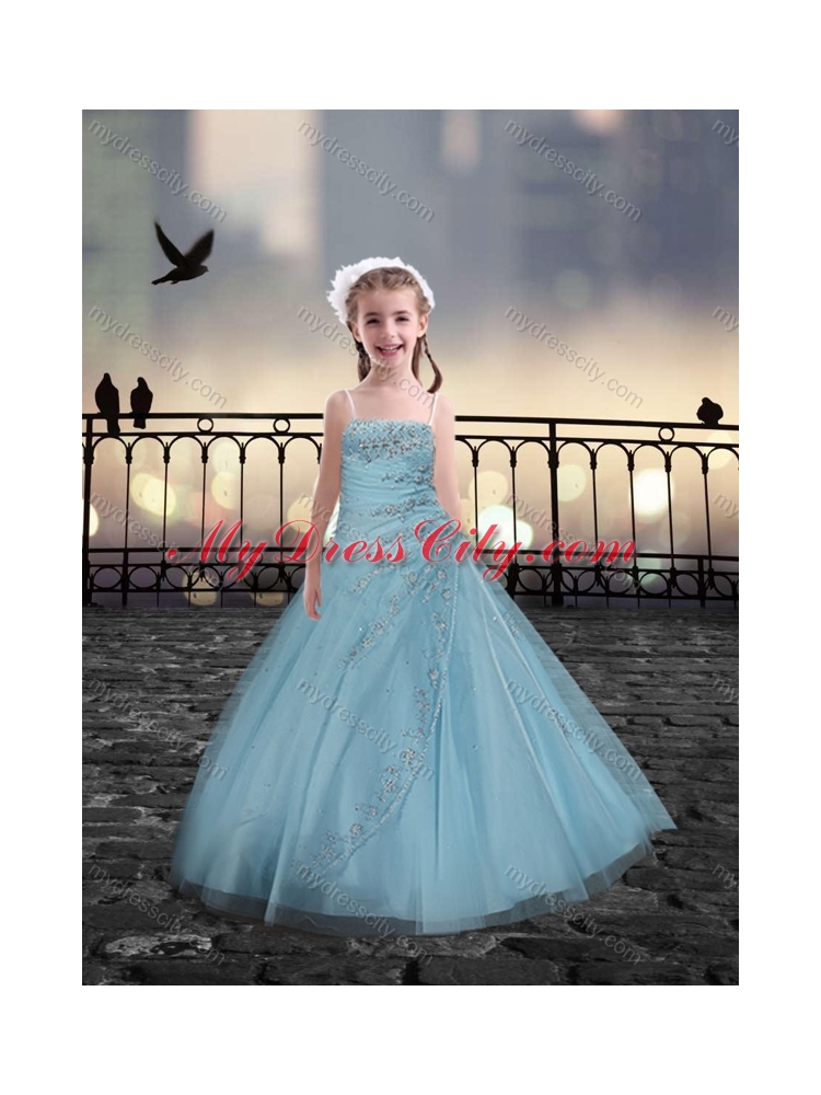 Spaghetti Straps Beaded Little Girls Pageant Dresses in Light Blue