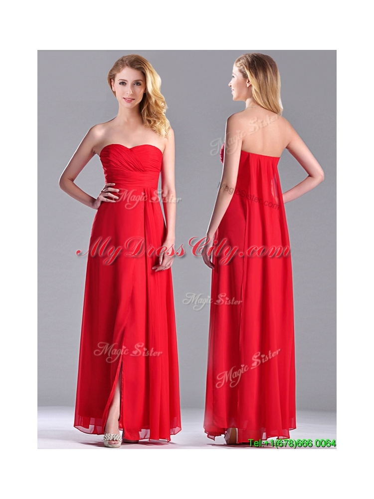 Beautiful Sweetheart Chiffon Ruched Red Bridesmaid Dress in Ankle Length 115.77