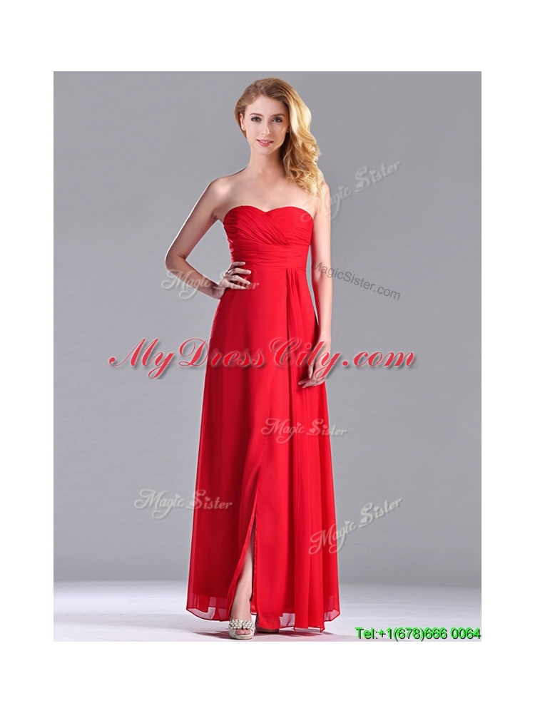 Beautiful Sweetheart Chiffon Ruched Red Bridesmaid Dress in Ankle Length 115.77