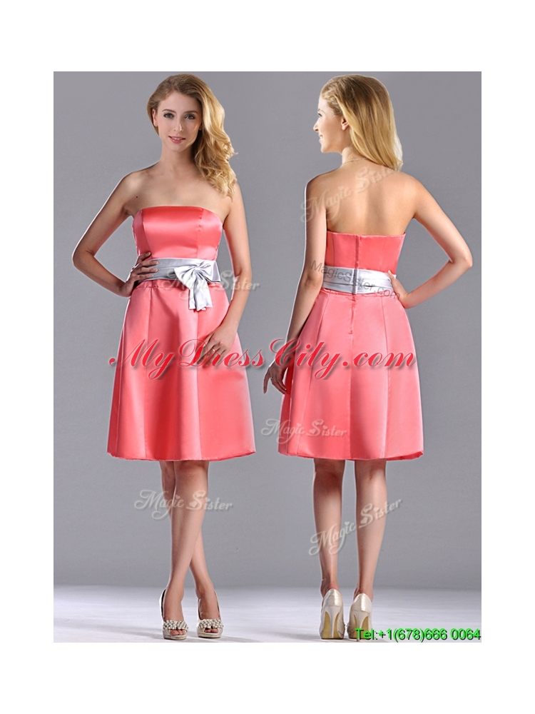 Best Selling Watermelon Knee Length Dama Dress with Silver Bowknot