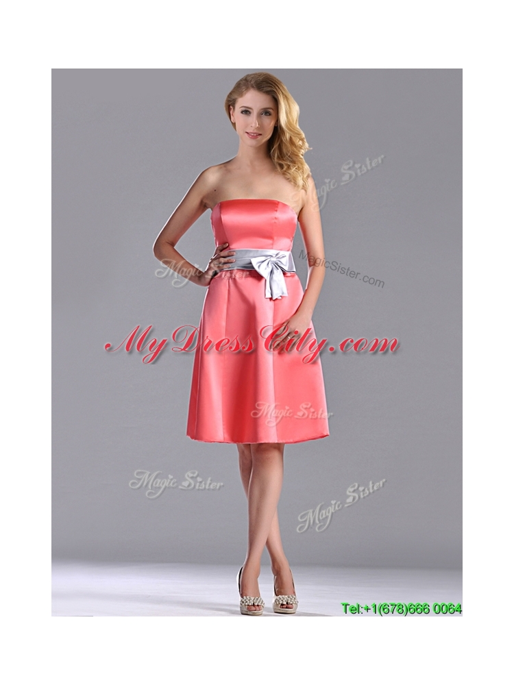 Best Selling Watermelon Knee Length Dama Dress with Silver Bowknot