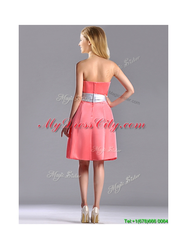 Best Selling Watermelon Knee Length Dama Dress with Silver Bowknot