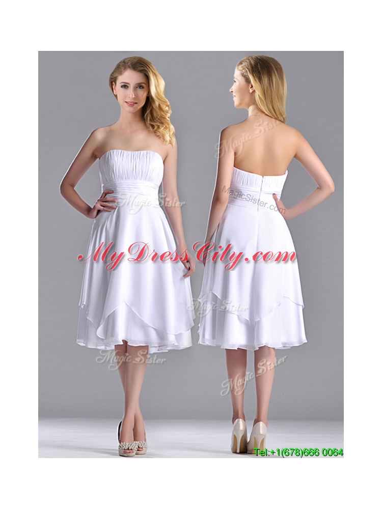 Cheap Strapless Chiffon White BridesmaidDress with Ruched Decorated Bust