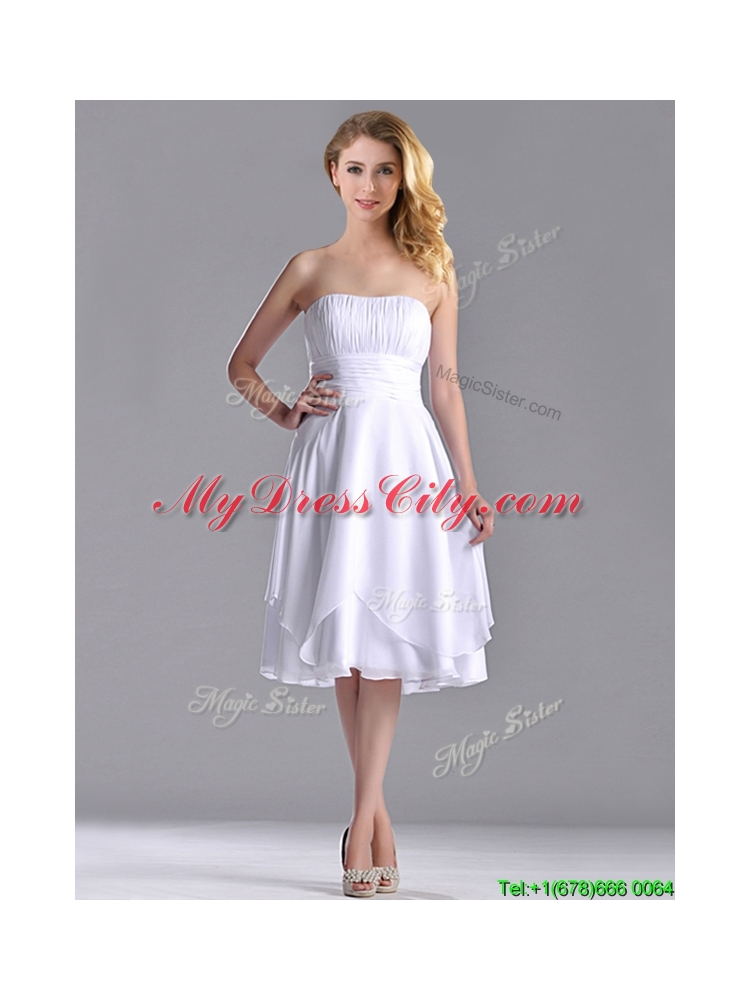 Cheap Strapless Chiffon White BridesmaidDress with Ruched Decorated Bust