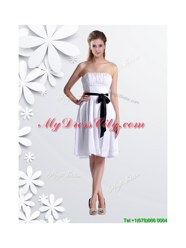 Elegant Empire Strapless Ruched and Be-ribboned White Dama Dress in Chiffon