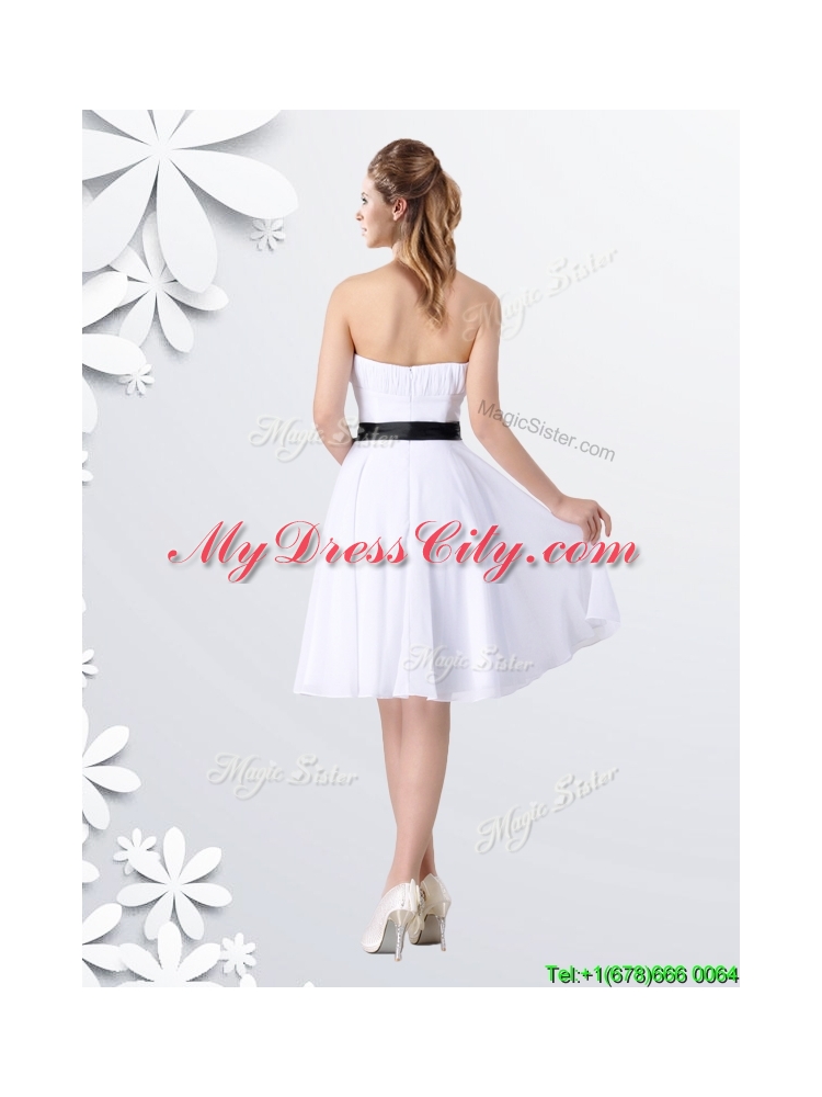 Elegant Empire Strapless Ruched and Be-ribboned White Dama Dress in Chiffon