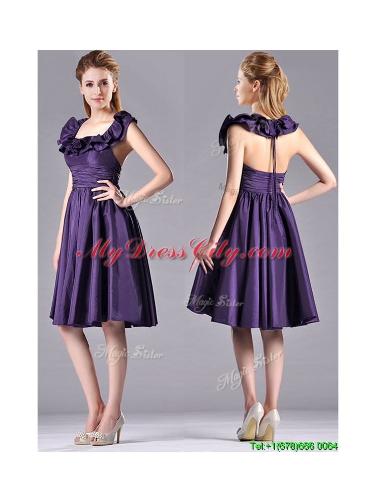 Elegant Halter Top Backless Short  Dama Dress in Dark Purple