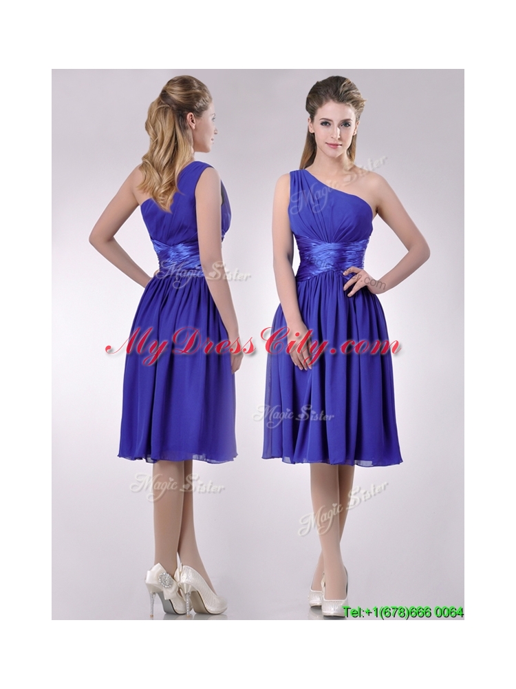 Elegant One Shoulder Chiffon Blue Dama Dress with Side Zipper