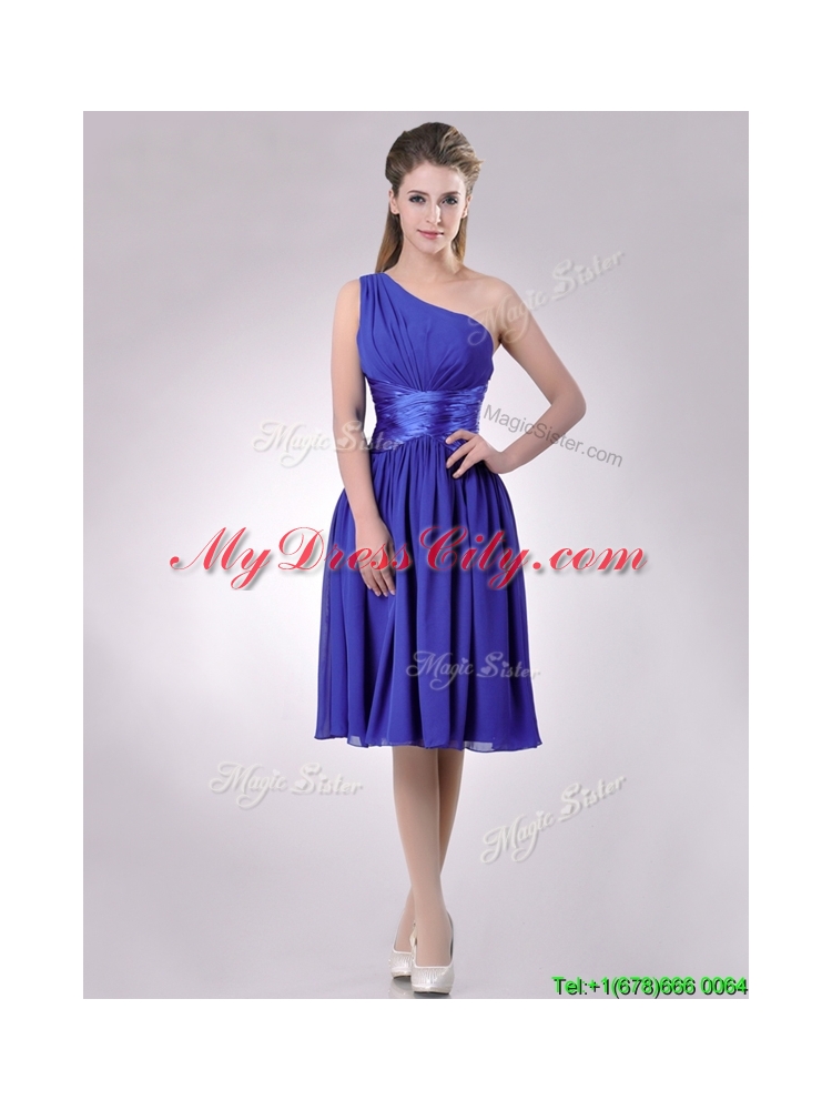 Elegant One Shoulder Chiffon Blue Dama Dress with Side Zipper