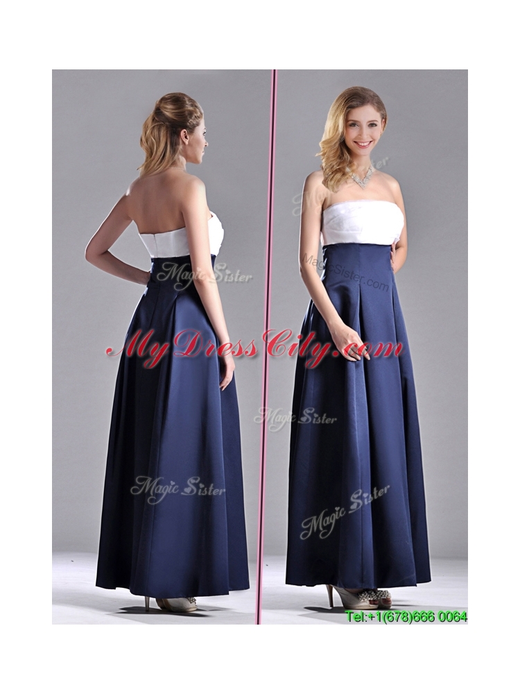 Elegant Strapless Ankle Length Dama Dress in Navy Blue and White