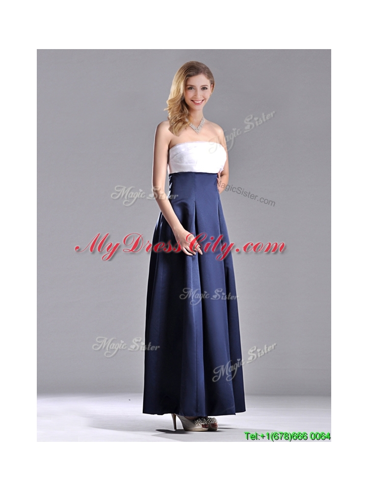 Elegant Strapless Ankle Length Dama Dress in Navy Blue and White