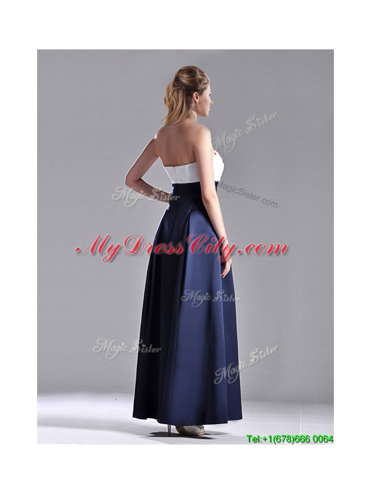 Elegant Strapless Ankle Length Dama Dress in Navy Blue and White