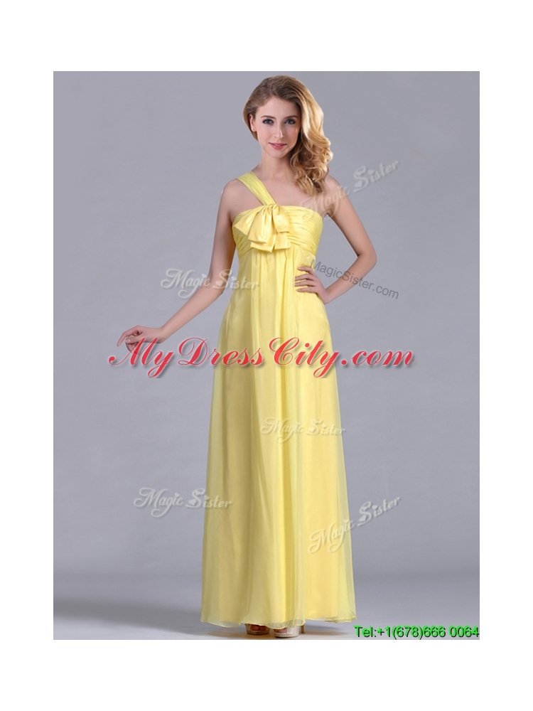 Exclusive One Shoulder Chiffon Yellow Dama Dress in Ankle Length