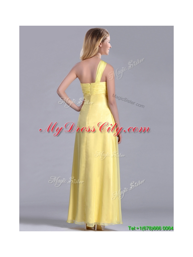 Exclusive One Shoulder Chiffon Yellow Dama Dress in Ankle Length