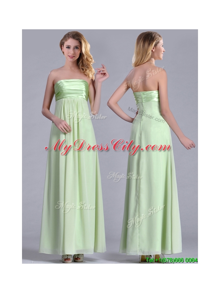 Latest Strapless Yellow Green Chiffon Dama Dress in Ankle Length