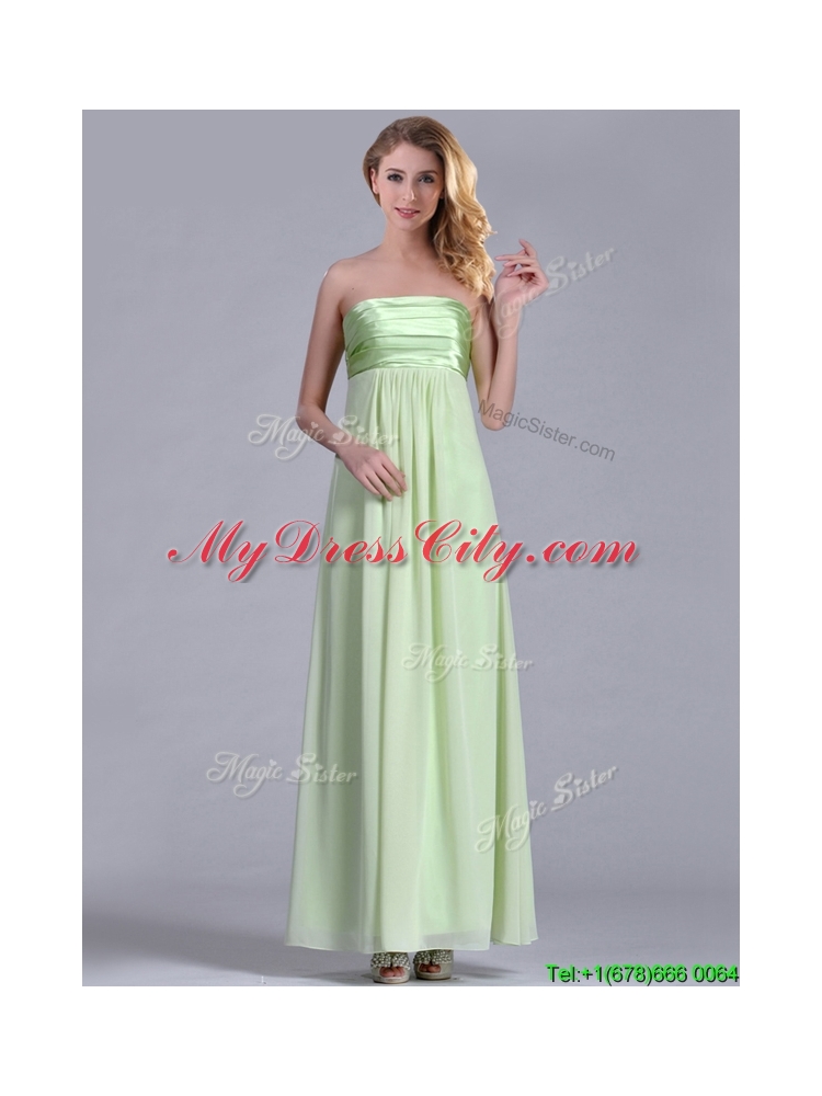 Latest Strapless Yellow Green Chiffon Dama Dress in Ankle Length