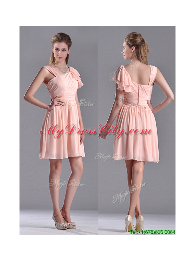 Simple Empire Ruched Peach Dama Dress with Asymmetrical Neckline