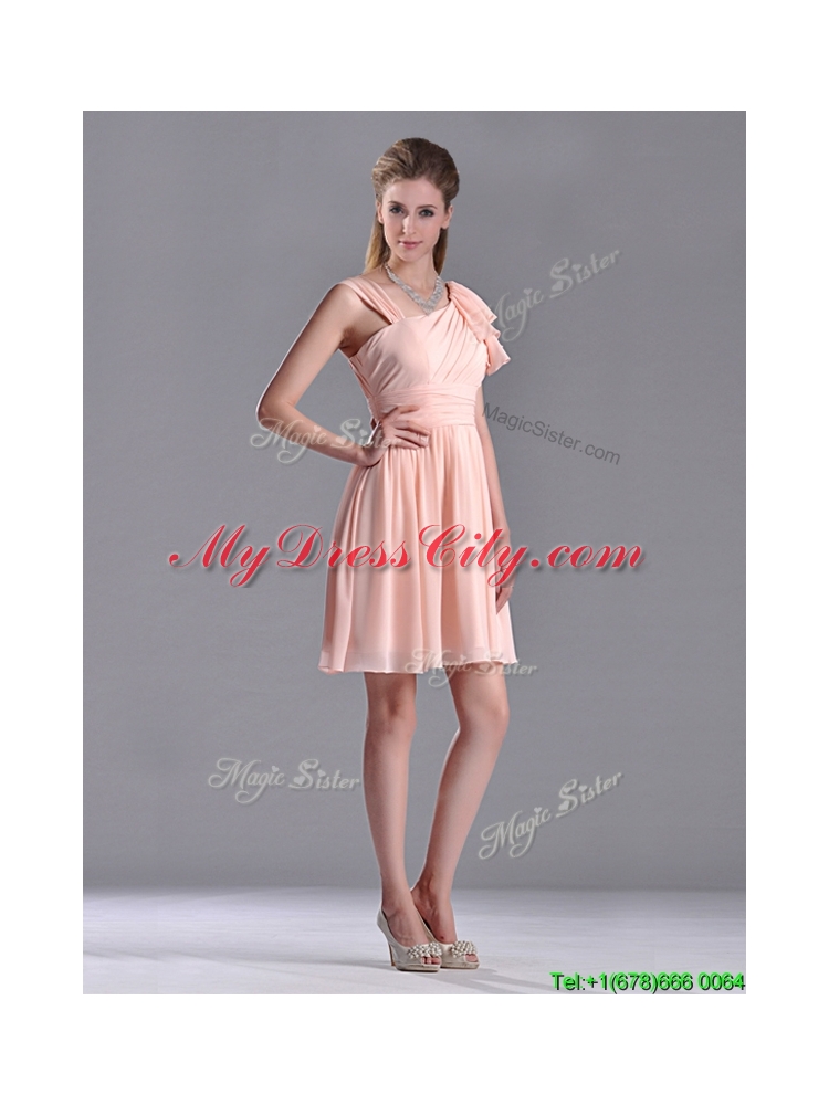 Simple Empire Ruched Peach Dama Dress with Asymmetrical Neckline