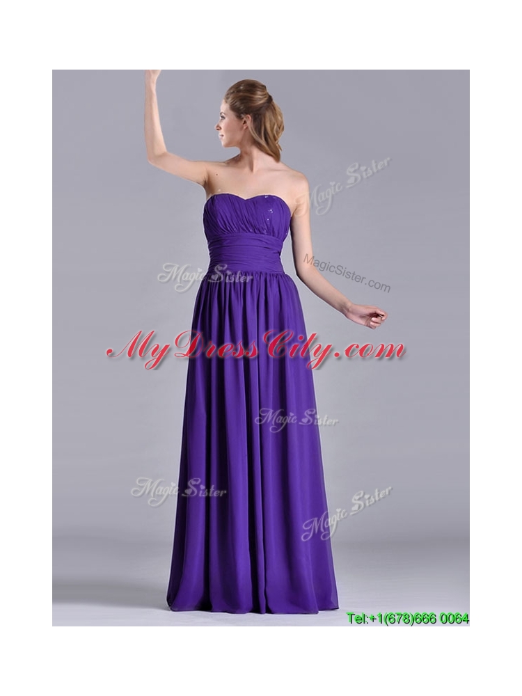 Beautiful Empire Ruched Chiffon Long Dama Dress in Purple