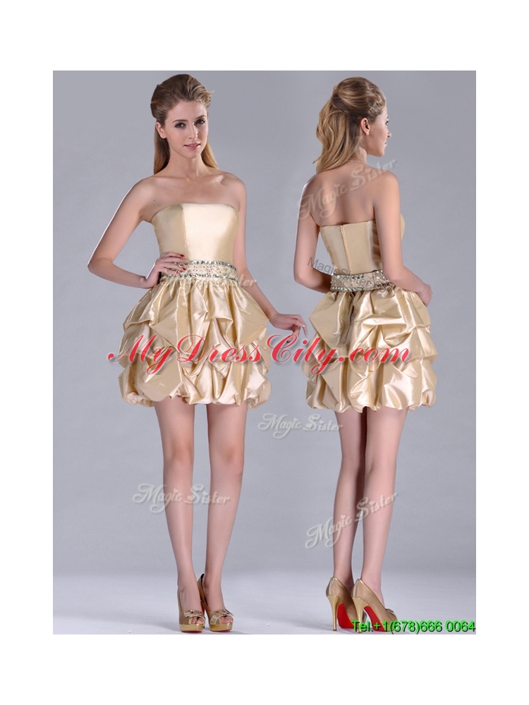 Beautiful Strapless Beaded and Bubble Short Bridesmaid Dress in Champagne