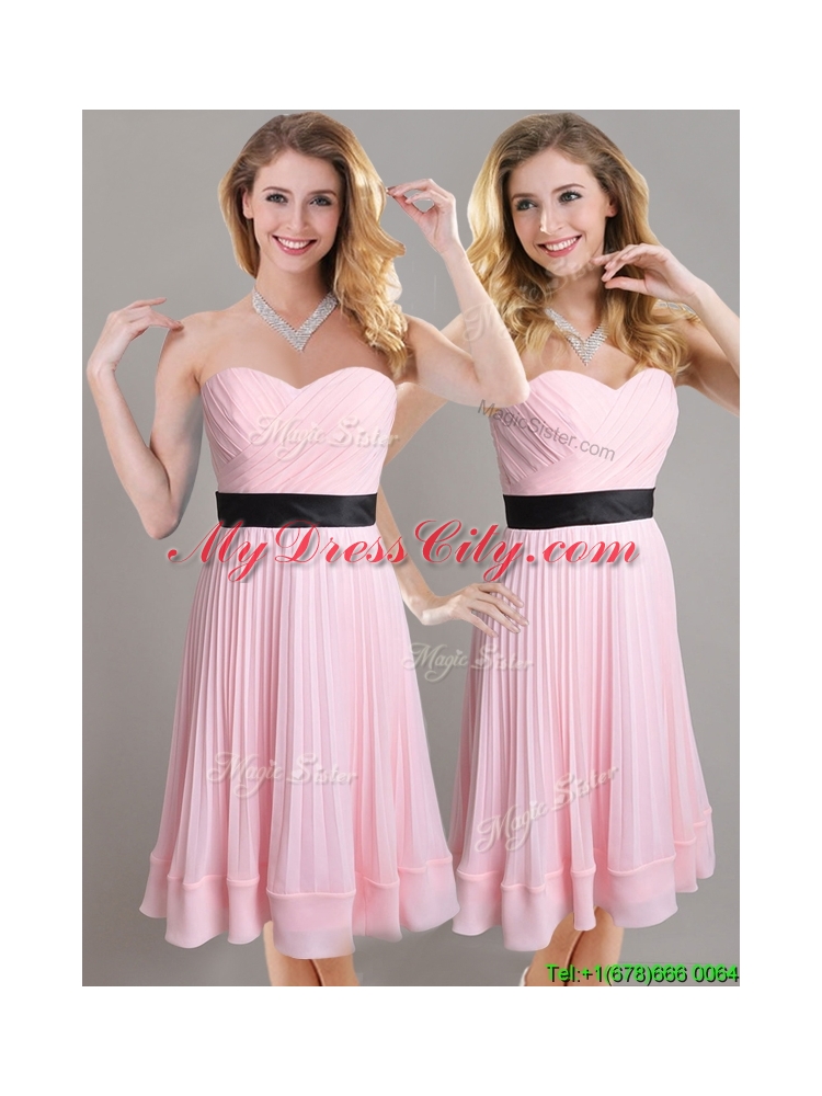 Discount Empire Pleated and Black Belted Bridesmaid Dress in Baby Pink