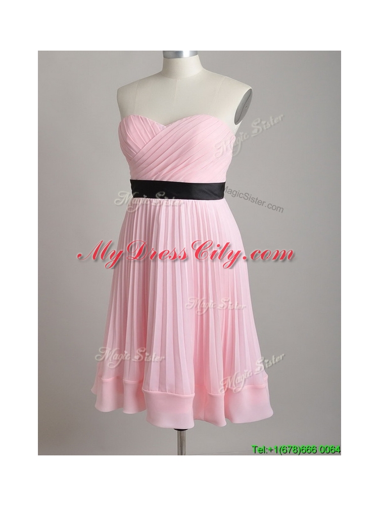 Discount Empire Pleated and Black Belted Bridesmaid Dress in Baby Pink