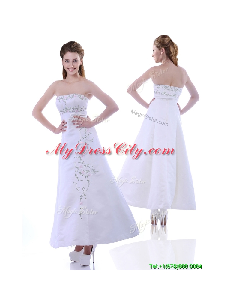 Elegant Ankle Length White Prom Dress with Embroidery and Beading