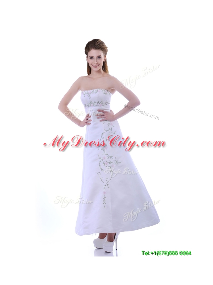 Elegant Ankle Length White Prom Dress with Embroidery and Beading