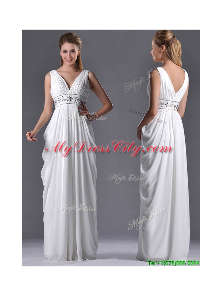 Elegant Empire V Neck Chiffon White Dama Dress for Graduation