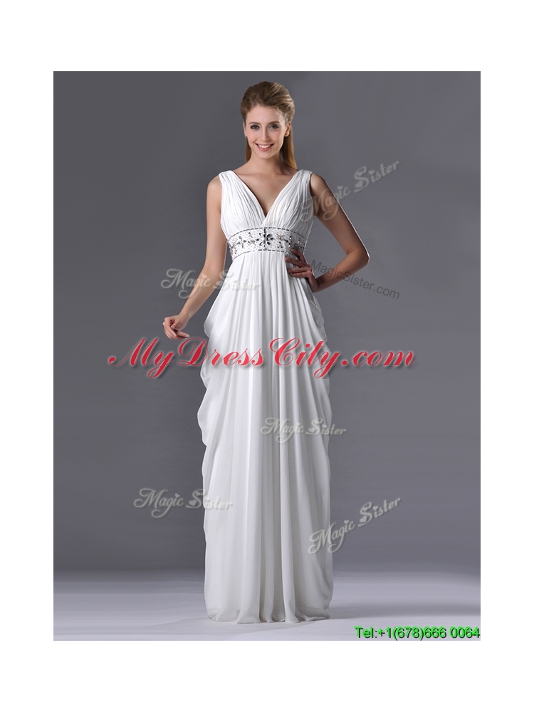 Elegant Empire V Neck Chiffon White Dama Dress for Graduation