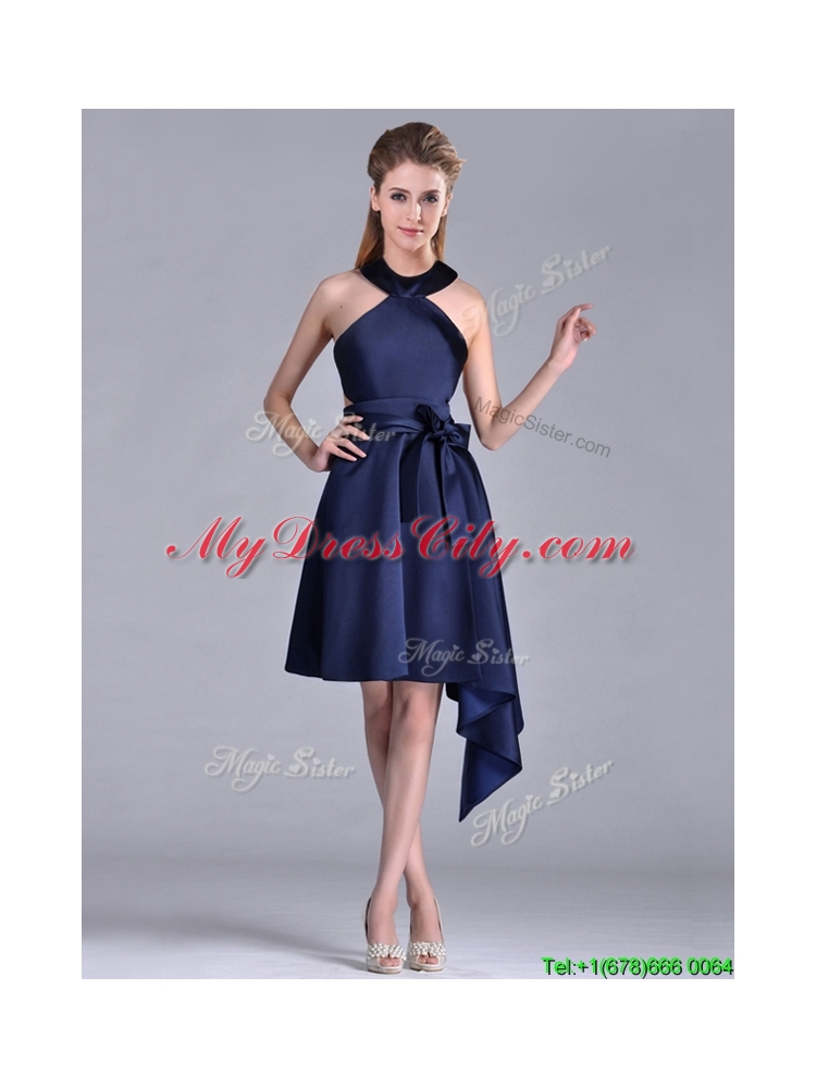 Elegant Halter Top Asymmetrical Navy Blue Prom Dress in Satin