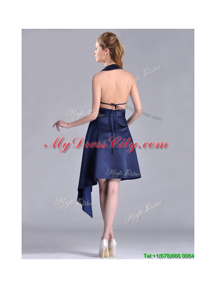 Elegant Halter Top Asymmetrical Navy Blue Prom Dress in Satin