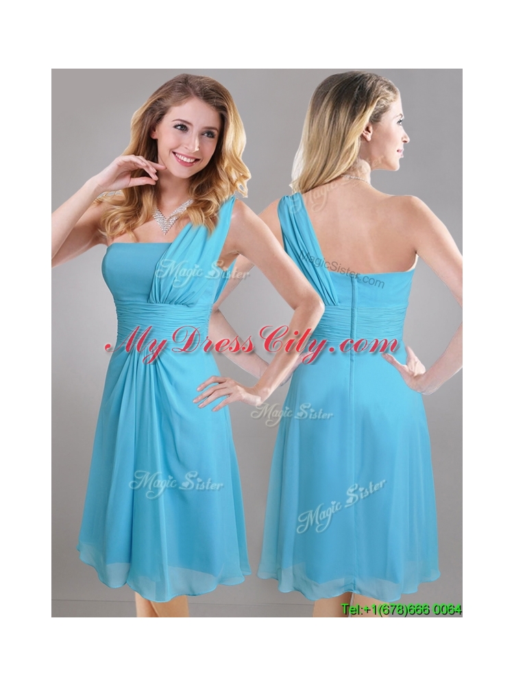 Elegant One Shoulder Ruched Chiffon Bridesmaid  Dress in Aqua Blue