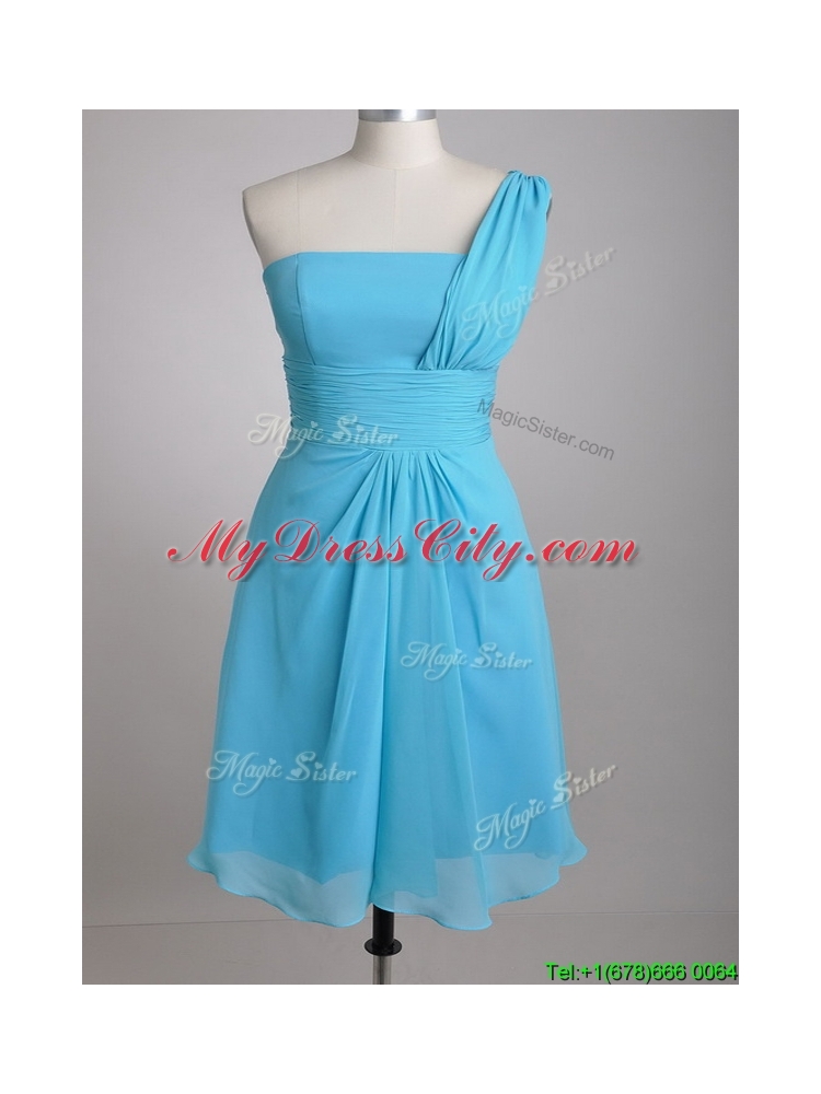 Elegant One Shoulder Ruched Chiffon Bridesmaid  Dress in Aqua Blue