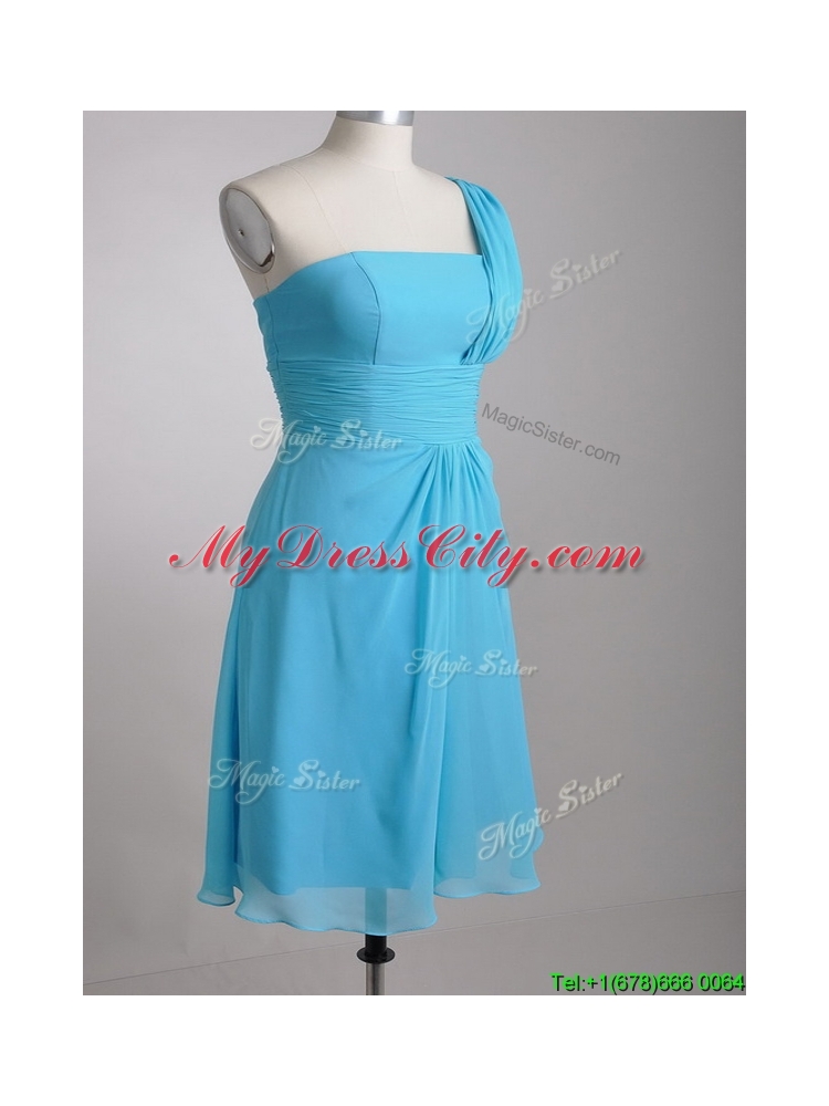 Elegant One Shoulder Ruched Chiffon Bridesmaid  Dress in Aqua Blue