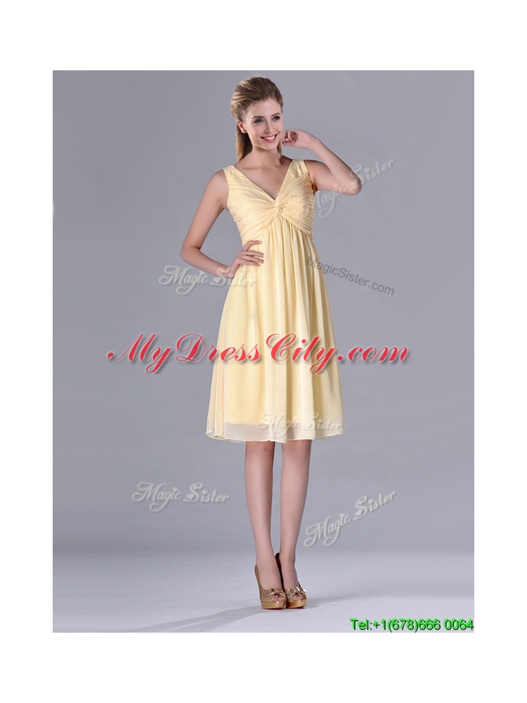 Empire Light Yellow V Neck Knee Length Short  Dama Dress with Ruching