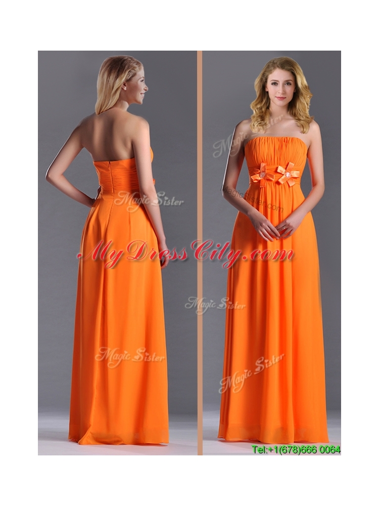 Empire Strapless Ruching Chiffon Long Dama Dress in Orange