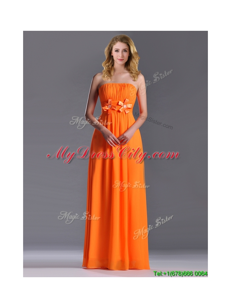 Empire Strapless Ruching Chiffon Long Dama Dress in Orange