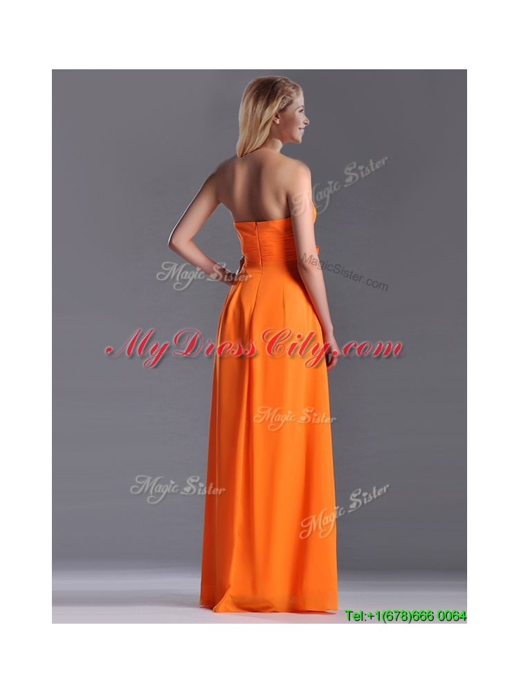 Empire Strapless Ruching Chiffon Long Dama Dress in Orange