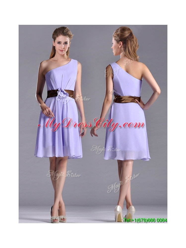 Exclusive One Shoulder Lavender Short Dama Dress with Brown Belt