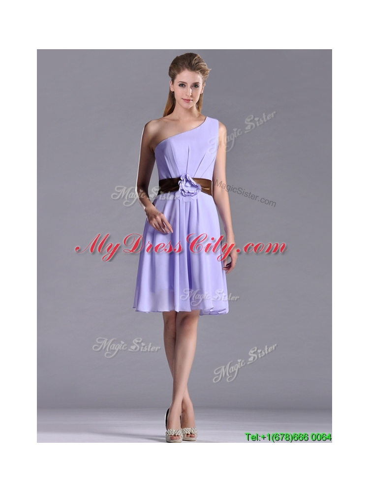 Exclusive One Shoulder Lavender Short Dama Dress with Brown Belt